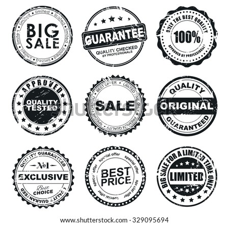 The design of the old worn round stamps for sale. Stamps to designate a quality product, sales, discounts. Vector illustration. Set Royalty-Free Stock Photo #329095694