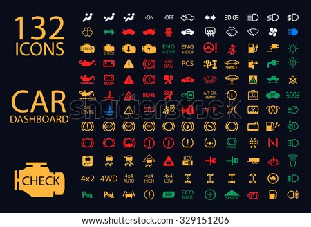 Vector collection of car dashboard panel indicators, yellow red green blue icons of engine, petrol, air bag, air conditioning, speedometer, oil level and other colourful car maintenance signs.