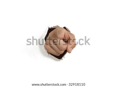 Pointing hand breaking through white wall Royalty-Free Stock Photo #32918110