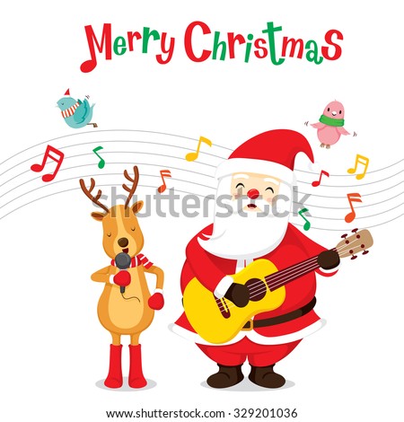 Reindeer And Santa Claus Singing And Playing Guitar, Merry Christmas, Xmas, Happy New Year, Objects, Animals, Festive, Celebrations