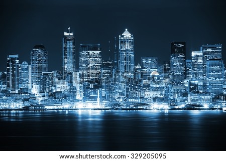 Night in the Seattle. Seattle, Washington City Skyline. Vivid Blue Color Grading. United States.