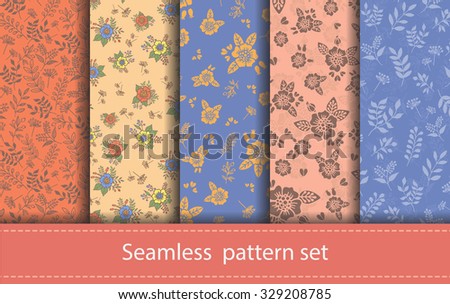 Vector set of seamless floral patterns. Decorative flowers and design elements for textile, book covers, manufacturing, invitations, greeting cards, print, gift wrap.