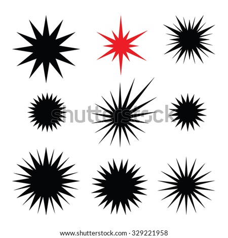 Set of trendy Radial Sunburst Stars shapes. Starburst or Sunburst black silhouettes as design element or backgrounds. Ray, Beam Shapes collection. Retro stars shapes. Bursting rays clip art.