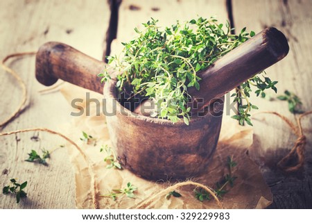 Wooden mortar with thyme. Vintage mortar made of solid wood.Toned image. Vintage style.