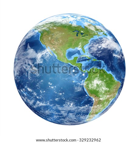 Planet Earth from space showing North & South America, USA. World isolated on white background. Elements of this image furnished by NASA Royalty-Free Stock Photo #329232962