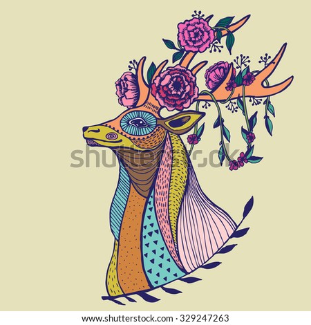 Unusual boho portrait of a deer with flowers. Vector illustration.