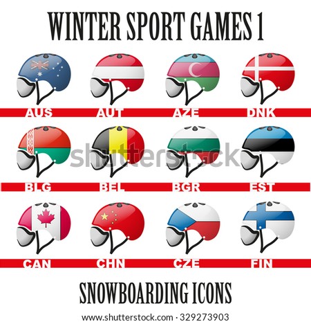 Set of Ski snowboard helmets goggles icons of the flag different countries. Winter Sport Vector Illustration isolated on white background