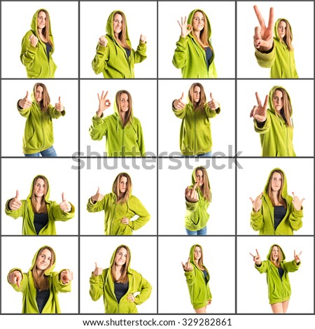 Set of girls doing a lot of gestures over white 
