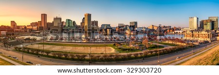 Baltimore skyline panorama at sunset, as viewed from Federal Hill