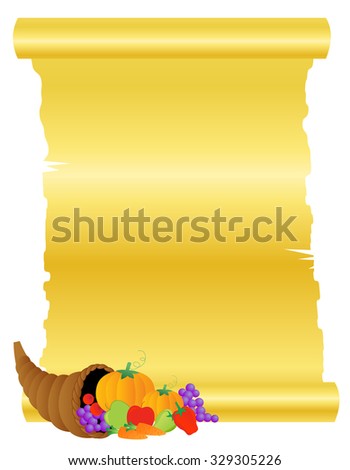 Illustration of basket of vegetables and fruits with golden scroll paper . thanksgiving background