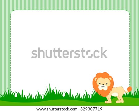 Illustration of a cute little lion on grass border / frame specially for kids 