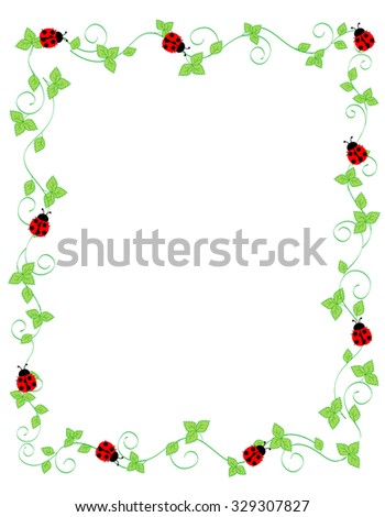 Cute ladybugs on green ivy frame / border isolated on white background