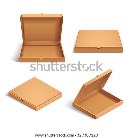 Realistic 3d isometric pizza cardboard box. Opened, closed, side and top view. Flat style vector illustration isolated on white background.