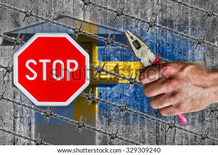Sweden flag, STOP sign, border house and barb wire with pliers