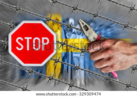 Sweden flag, STOP sign, migrants and barb wire with pliers