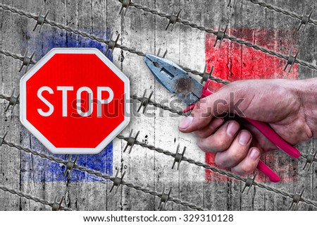 France flag, STOP sign and barb wire with pliers
