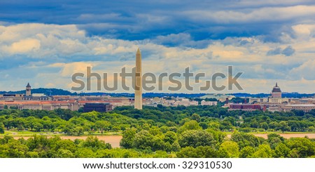 Washington, D.C. cityscape with Washington Monument and Capitol Hill, viewed from Arlington National Cemetery.