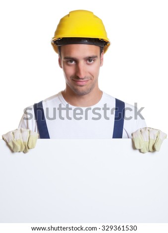 Happy latin construction worker with whiteboard