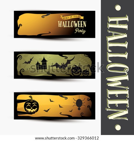 Set of three halloween banners. Halloween party illustration with pumpkin, spider and bat.