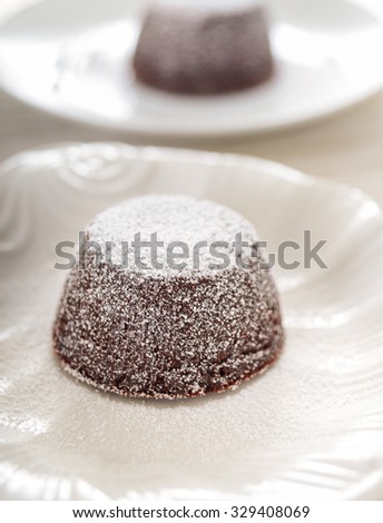 Dark chocolate lava cake on elegant white ceramic dish