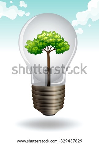 Save energy theme with lightbulb and tree illustration