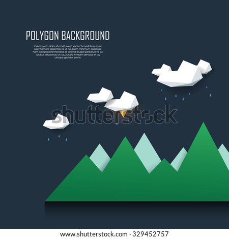 Low poly landscape scene with storm clouds, rain and lightning. Polygonal thunderstorm background in modern minimalistic style. Eps10 vector illustration.