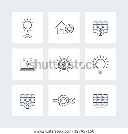 Solar energy, solar power, panels, thin line icons, vector illustration