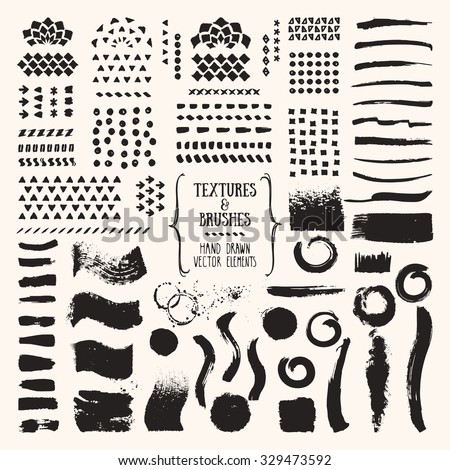Hand drawn vector brushes and textures. Artistic collection: chalk strokes, dabs of paint, patterns, ink splatters. Art brushes are included in EPS. Isolated design elements.