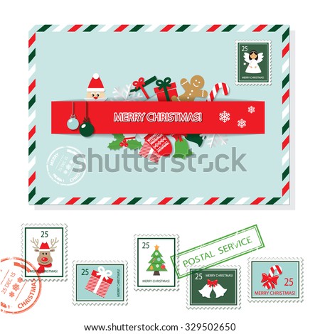 Christmas envelope and stamps.