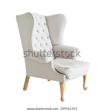 Elegant soft arm-chair isolated on white. Armchair with fabric upholstery Royalty-Free Stock Photo #329561351