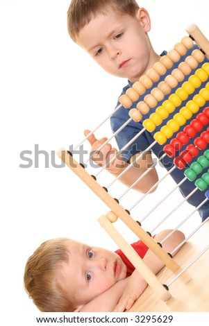 math is boring - two preschoolers with abacus isolated on white