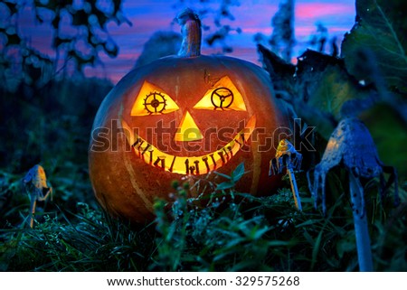 Halloween pumpkin in the garden at night with the eyes of the gears of the clock with the teeth of the metal parts between the fabulous fungi.