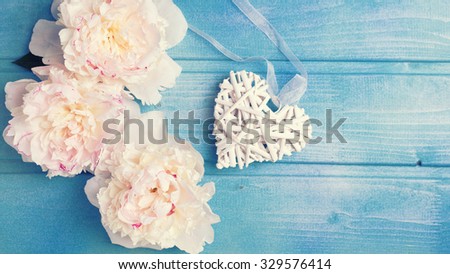 Decorative heart and white peonies  flowers on blue painted wooden planks. Selective focus. Place for text. Toned image.
