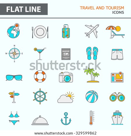 Set of modern simple line icons in flat design. Trendy infographic travel and tourism concept elements for banners, layouts, corporate  brochures, templates and web sites. Vector eps10 illustration