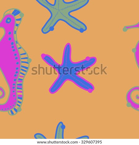 Seamless pattern of marine inhabitants, sea horses,spirals, hole, starfish, spots. Hand drawn.
