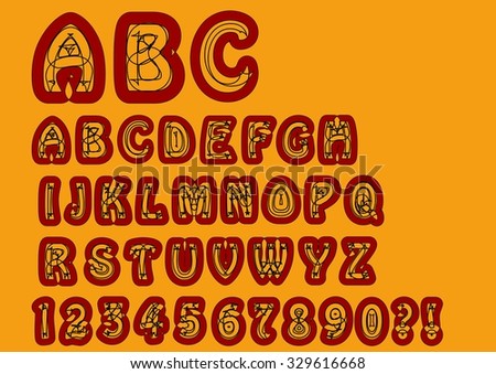 Nonconformist bizarre alphabet. Original font set with doodle elements, uppercase characters and numbers, question mark, exclamation mark. Trendy combination of orange and dark red colors