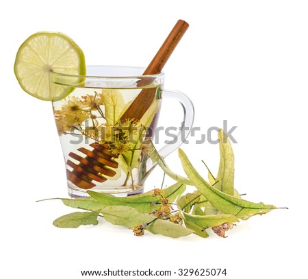 herbal tea with linden, honey and lemon isolated on a white background