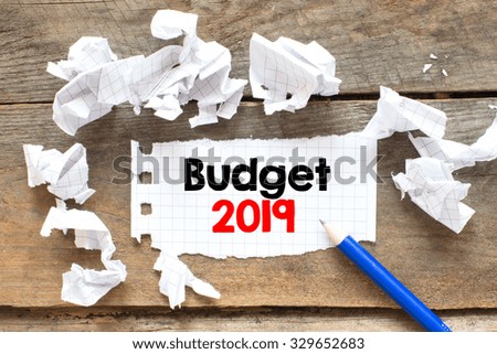 Budget 2019. Note with budget 2019 on the wooden background with pen