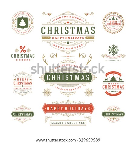 Christmas Labels and Badges Vector Design. Decorations elements, Symbols, Icons, Frames, Ornaments and Ribbons, set. Typographic Merry Christmas and Happy Holidays wishes.