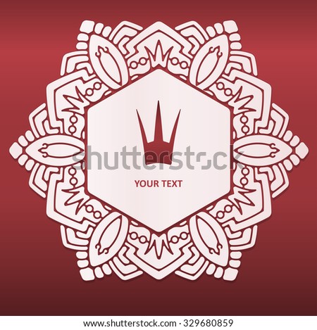 Ornate decorative lace frame, mandala on red background with crown. It can be used for decorating of invitations, greeting cards or logo design.