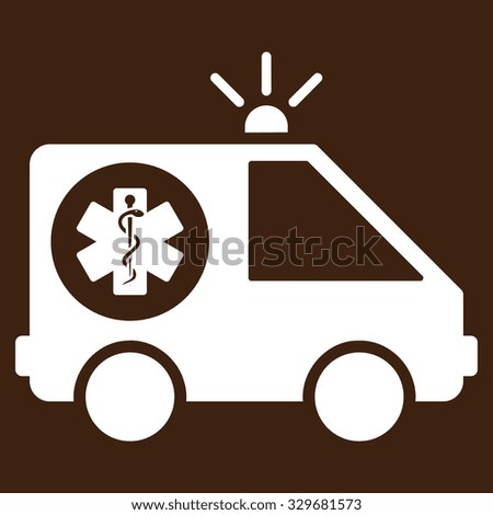 Ambulance Car vector icon. Style is flat symbol, white color, rounded angles, brown background.
