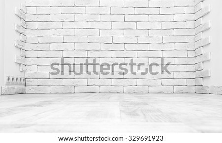 Vintage interior of white brick wall and old wooden floor