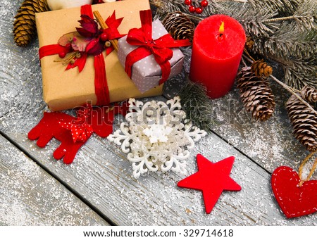 Christmas Decoration Over Wooden Background Royalty-Free Stock Photo #329714618