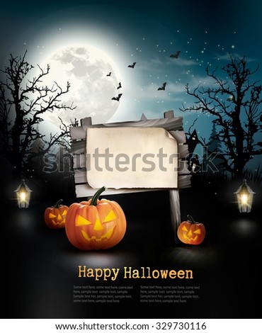 Scary Halloween background with a wooden sign. Vector