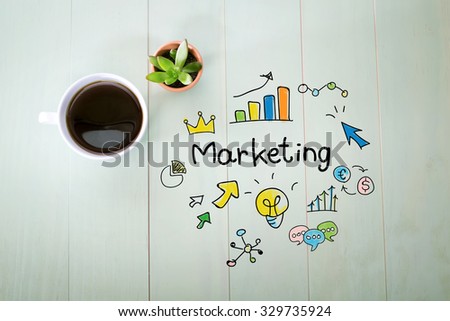 Marketing concept with a cup of coffee on a pastel green wooden table