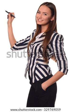 Beautiful office girl showing pen isolated on a white background