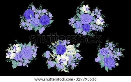 illustration with blue rose decorations on black background