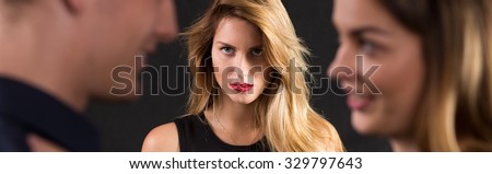Panoramic picture of man and crazy ex-girlfriend Royalty-Free Stock Photo #329797643