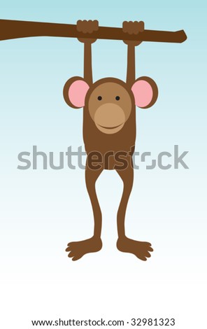 Vector illustration of a cute monkey smiling and hanging from a tree branch