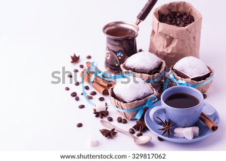 Cup of coffee and cupcakes. Coffee concept isolated on white background.